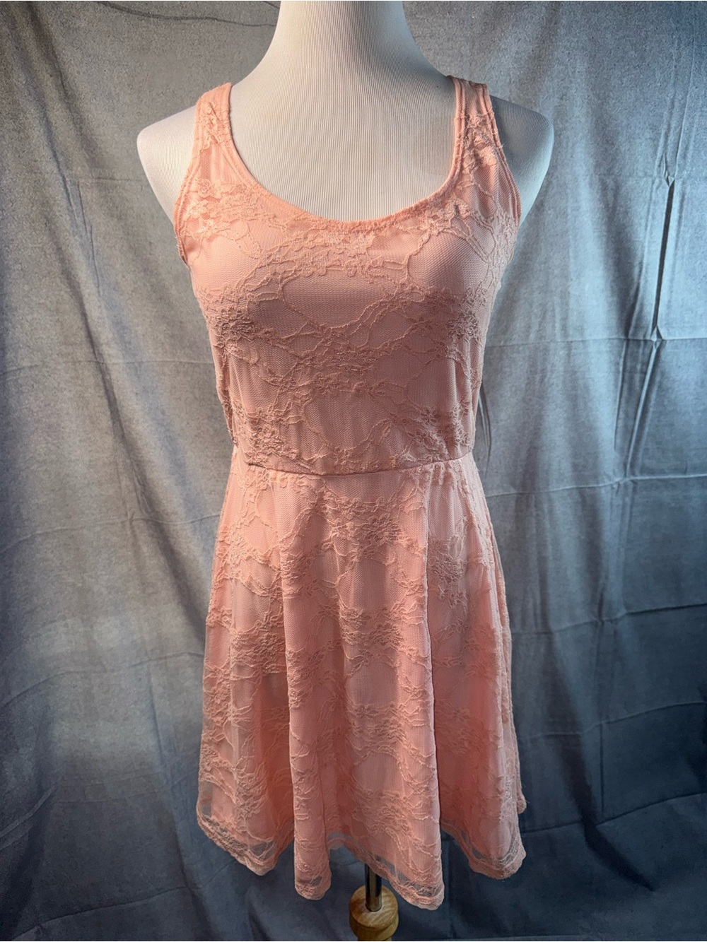 1672-Dots Peach Lace Tank Mini Dress